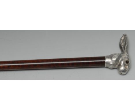 A late Victorian novelty silver and snakewood walking stick, by Brigg of London, stamped, cast and chased as a hare's head, i