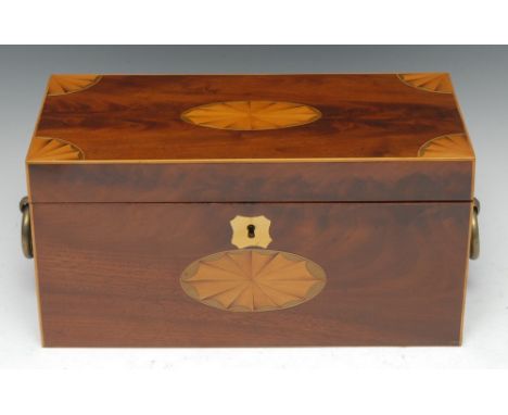 A George IV mahogany rectangular tea caddy, later inlaid with oval batwing paterae, hinged cover enclosing a bowl and a pair 