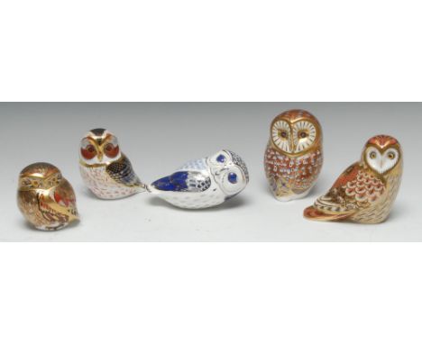 A Royal Crown Derby paperweight, Tawny Owl, printed mark, gold stopper, boxed; Platinum Owl, Short Eared Owl, Tawny Owl, Athe