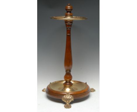 A 19th century design walnut and brass-mounted stick stand, turned baluster and finial, circular bras rail and dish, plinth b