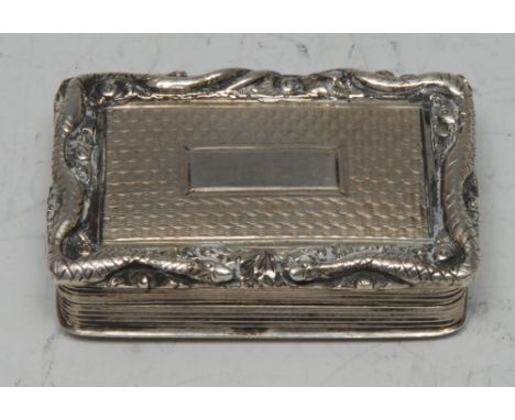 A William IV silver shaped rectangular vinaigrette, hinged cover applied with an unusual border of snakes and centred by a va