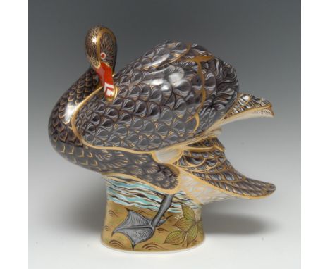 A large Royal Crown Derby Prestige Edition paperweight, Black Swan, modelled by Donald Brindley, gold stopper, 24.5cm high, H