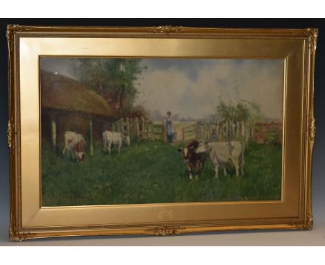 Hutton Mitchell (late 19th/early 20th century)Milking Time at a Dairy Farmsigned, watercolour, 34cm x 57cm