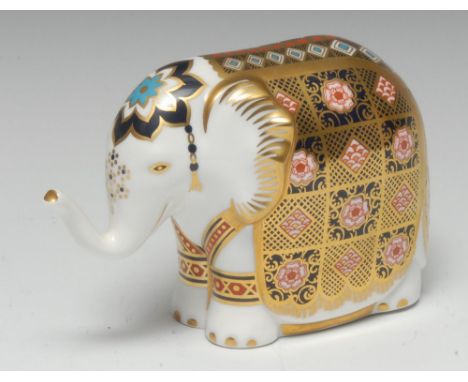 A Royal Crown Derby paperweight, Yorkshire Rose Elephant, exclusive to Peter Jones of Wakefield and Leeds, printed mark, gold