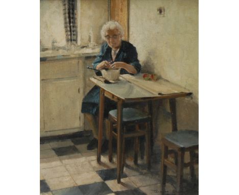 Terence Storey (1923-2018) Portrait, Preparing Dinner, the artist's mother peels the vegetables in her kitchensigned, oil on 