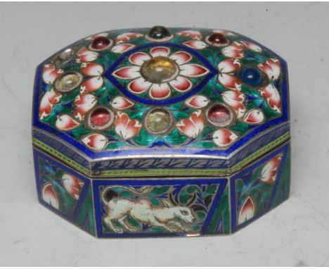 An Indian silver and enamel canted rectangular snuff box, hinged cover set with cabochons and decorated in polychrome with lo
