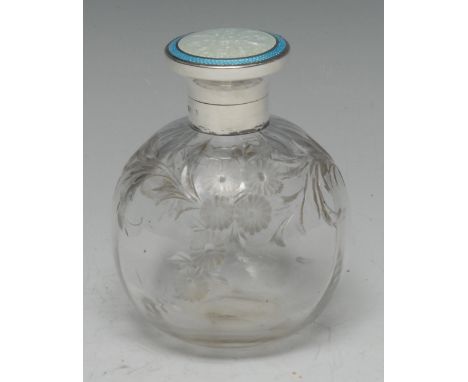 A George V silver and guilloche enamel mounted globular scent bottle, hinged cover enclosing a stopper, the side intaglio dec