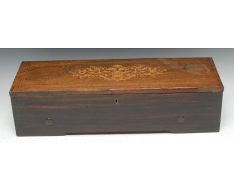 A 19th century Swiss rosewood, faux rosewood and marquetry rectangular key-wound music box, 32cm cylinder playing on a one-pi