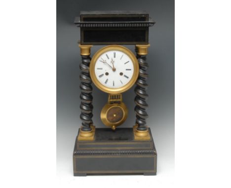 A 19th century French ebonised portico clock, 12cm enamel dial inscribed with Roman numerals, twin winding holes, 8-day movem