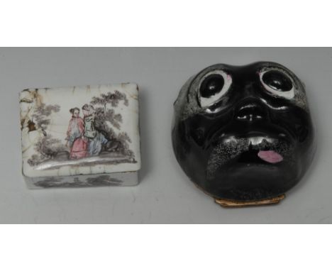 An 18th century Continental enamel novelty snuff box, boldly modelled as a pug's head, the hinged cover painted with a huntsm