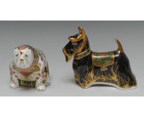 A Royal Crown Derby paperweight, Harrods Scottish Terrier, printed mark, gold stopper, limited edition 99/500, certificate, b