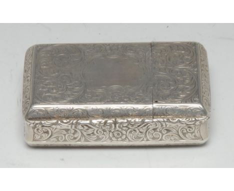 A Victorian silver rounded rectangular combination snuff box and visiting card case, hinged cover enclosing a compartment, en