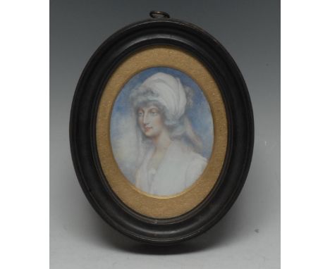 English School (19th century), a portrait miniature, of a lady, bust-length, her loosely curled hair dressed in a white turba