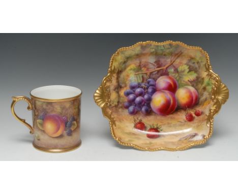 A Royal Worcester cylindrical mug, pained by P Stanley, signed, with ripe apples and damsons on a mossy ground,  gilt banded 