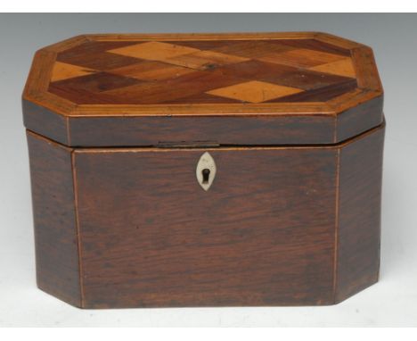 A 19th century canted rectangular tea caddy, the cover parquetry inlaid, 21cm wide, c.1840