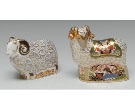 A Royal Crown Derby paperweight, Imari Ram, printed mark, gold stopper; another, Premier Ram, printed mark, gold stopper, box