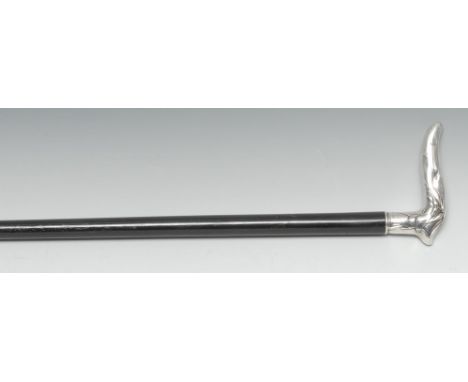 A German Secessionist silver and ebony walking stick, the handle boldly chased in high relief with insects and intersecting l