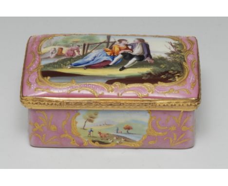 A good George III Bilston pink enamel rounded rectangular table snuff box, the hinged cover painted with a pastoral courtship