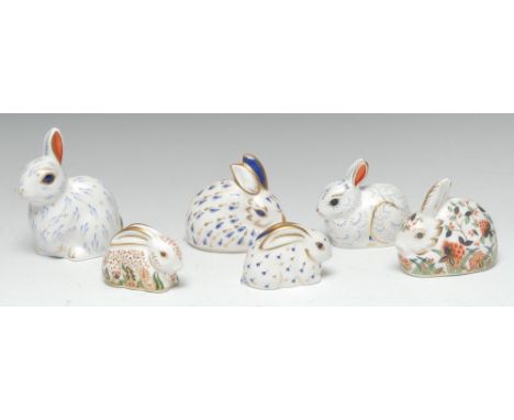 A Royal Crown Derby paperweight, Snowy Rabbit, printed mark, gold stopper, certificate, boxed;  others, Meadow Rabbit, Baby R