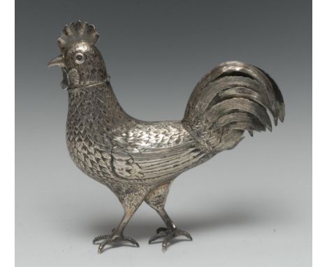 A Continental silver table spice box, possibly Russian, naturalistically cast as a rooster, the inner cover marked VS 39, 21c