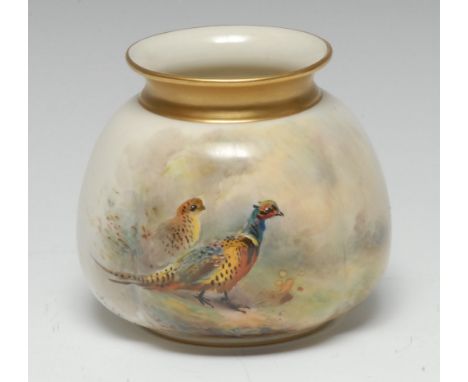 A Royal Worcester lobed vase, painted by  Jas Stinton, signed, with cock and hen pheasants, gilt banded border, 8.5cm high, p