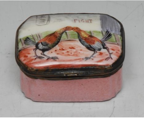 A 19th century enamel canted rectangular snuff box, the hinged cover painted in colourful tones with a cockfight, pastel pink