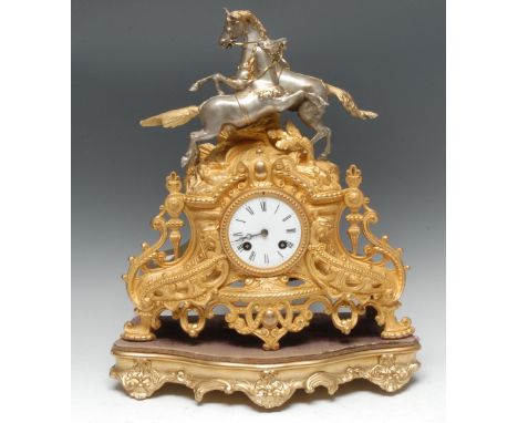 A French Third Republic gilt and silvered metal mantel clock, 7.5cm enamel dial inscribed with Roman numerals, twin winding h