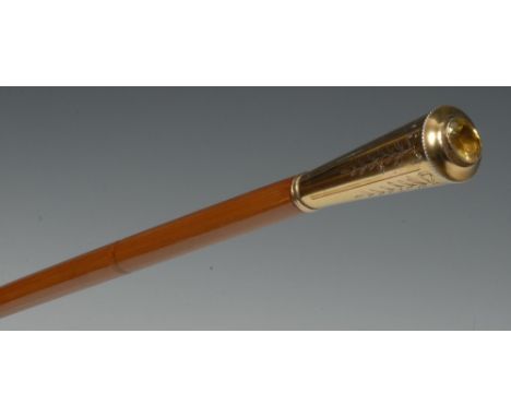 A French Belle Époque gold-mounted citrine and bamboo walking stick, tapering neoclassical handle surmounted by a citrine, th