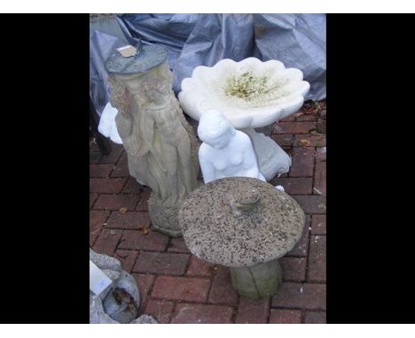 A garden bird bath, sundial, together with three other items