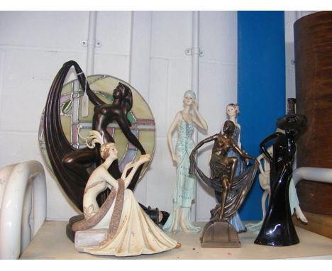 A bronzed Art Deco style lamp, together with assorted female figures 