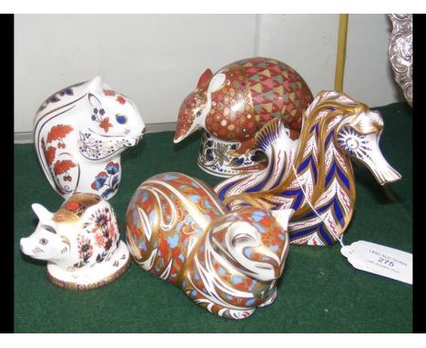 Five Royal Crown Derby paperweights including seahorse