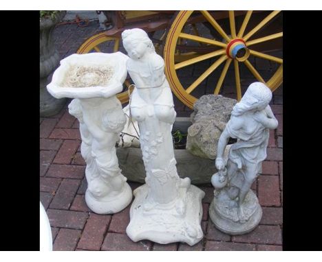 Two garden statues, garden bird bath, garden trough together with two other items