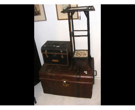 A two tier plant stand, together with a vintage travelling trunk and one other 