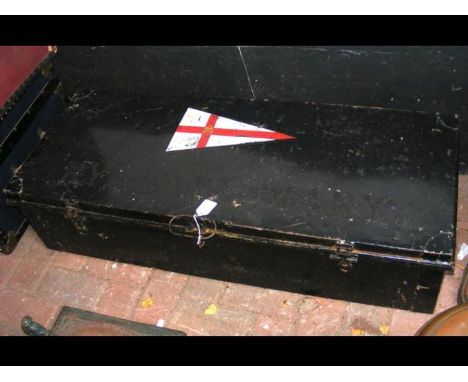 An interesting old rectangular metal trunk with Royal Yacht Squadron pennant painted to the top - 106cm x 41cm CONDITION REPO