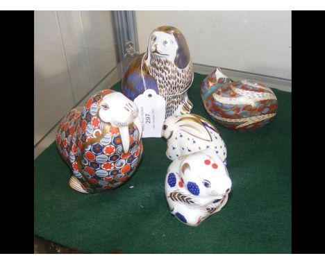 Five Royal Crown Derby animal paperweights including walrus