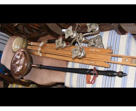 Two bed warming pans, together with an Artist's easel by Winsor &amp; Newton and a five branch candelabra 