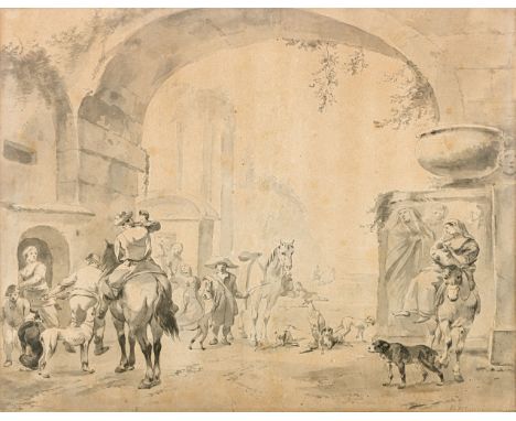 Verschuring, Hendrik (Gorinchem, Dordrecht 1627-1690) Ankunft in der Herberge  Geschäftige Gastgeber empfangen die Reisenden 