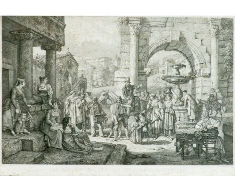Richter, Adrian Ludwig (Dresden 1803-1884) Der Zahnbrecher in einem roemischen Städtchen  Radierung nach Gemälde v. Lindau. A