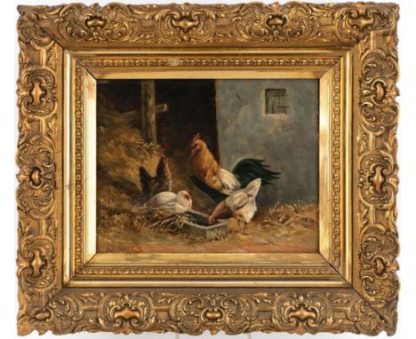 Tiermaler (2. H. 19. Jh.) Hahn mit Hennen am Futtertrog  Bez. A. Verhoesen. Öl auf Holz. Ca. 24,4×31 cm. R. (59482)