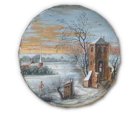 Niederländischer Zeichner (M. 19. Jh.)  Zwei Landschaften   a) Winterlandschaft mit Turm und Kirche an vereistem See in Abend