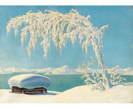 Riesen, Alexander von  (Moskau, Berlin 1892-1964) Arktische Landschaft mit verschneitem Baum und kleinem Holzstadel  Öl auf L
