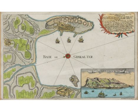 Gibraltar  um 1780 "Caerte van de Baey en Stadt van Gibraltar". Kol. Kupferstich mit Landschaft von Johann Martin Will. Plan 