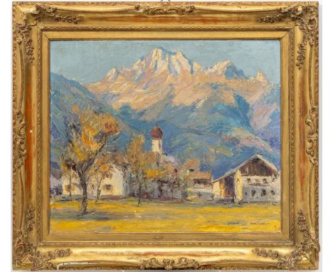 Schüssel, Gottlob (Segringen, Kempten 1892-1967) Partenkirchen mit Zugspitze  Sign. Öl auf Lwd. 50×60 cm. R.  (34483)