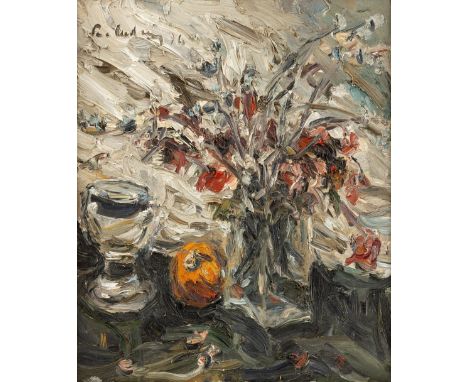 Ladwig , Roland (Wedel, Berlin 1935-2014) Stillleben mit Blumenstrauß, Glas und Granatapfel  Sign. u. dat. (19)76. Öl auf Lwd