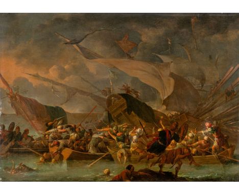 Lingelbach,  Johannes (Frankfurt a.M., Amsterdam 1622-1674) Seeschlacht  Angriff auf eine türkische Galeere. Signiert unten M