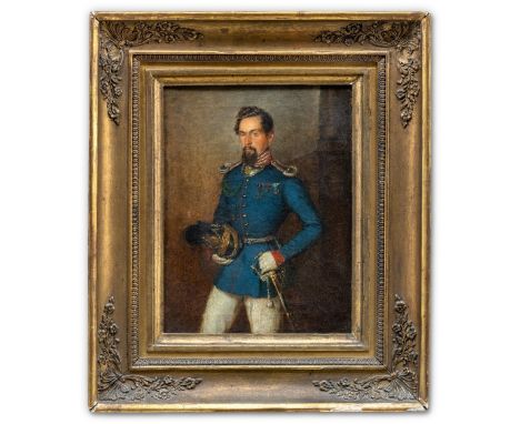 Bayerischer Porträtmaler (M. 19. Jh.) Bayerischer Offizier in Uniform und Raupenhelm im Arm  Kniestück. Öl auf Lwd. 33,5×25 c