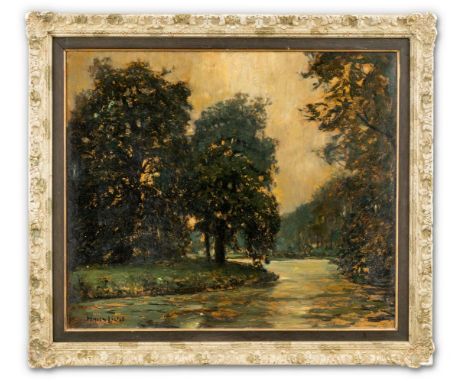 Licht , Hans (Berlin 1876-1935) "Abend im Charlottenburger Schlosspark"  Sign. Öl auf Malkarton. Ca. 58×69 cm. Rücks. betitel