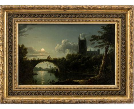 Pether, Sebastian (Battersea/ London 1793-1844) , zugeschriebenFlusslandschaft mit Brücke und gotischer Kirche bei Mondschein