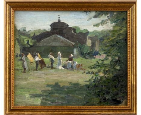 Stekker, Martin (Norden, Berlin 1878-1962) Malergruppe im Park (um 1908)  Öl auf Lwd., auf Holzplatte aufgezogen. 30,5×36 cm.