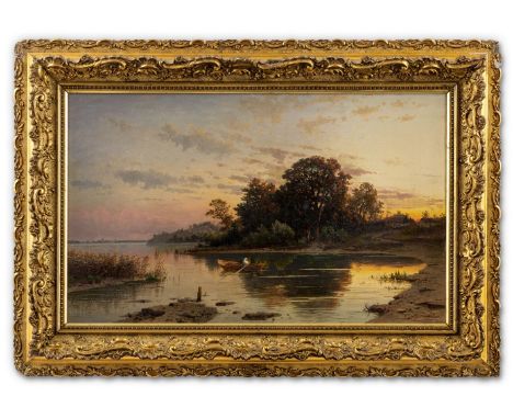 Rodde, Carl Gustav (Danzig, Berlin 1830-1906) Märkischer See im Abendrot mit Bäuerin im Ruderkahn  Sign. Öl auf Lwd. 40×65 cm